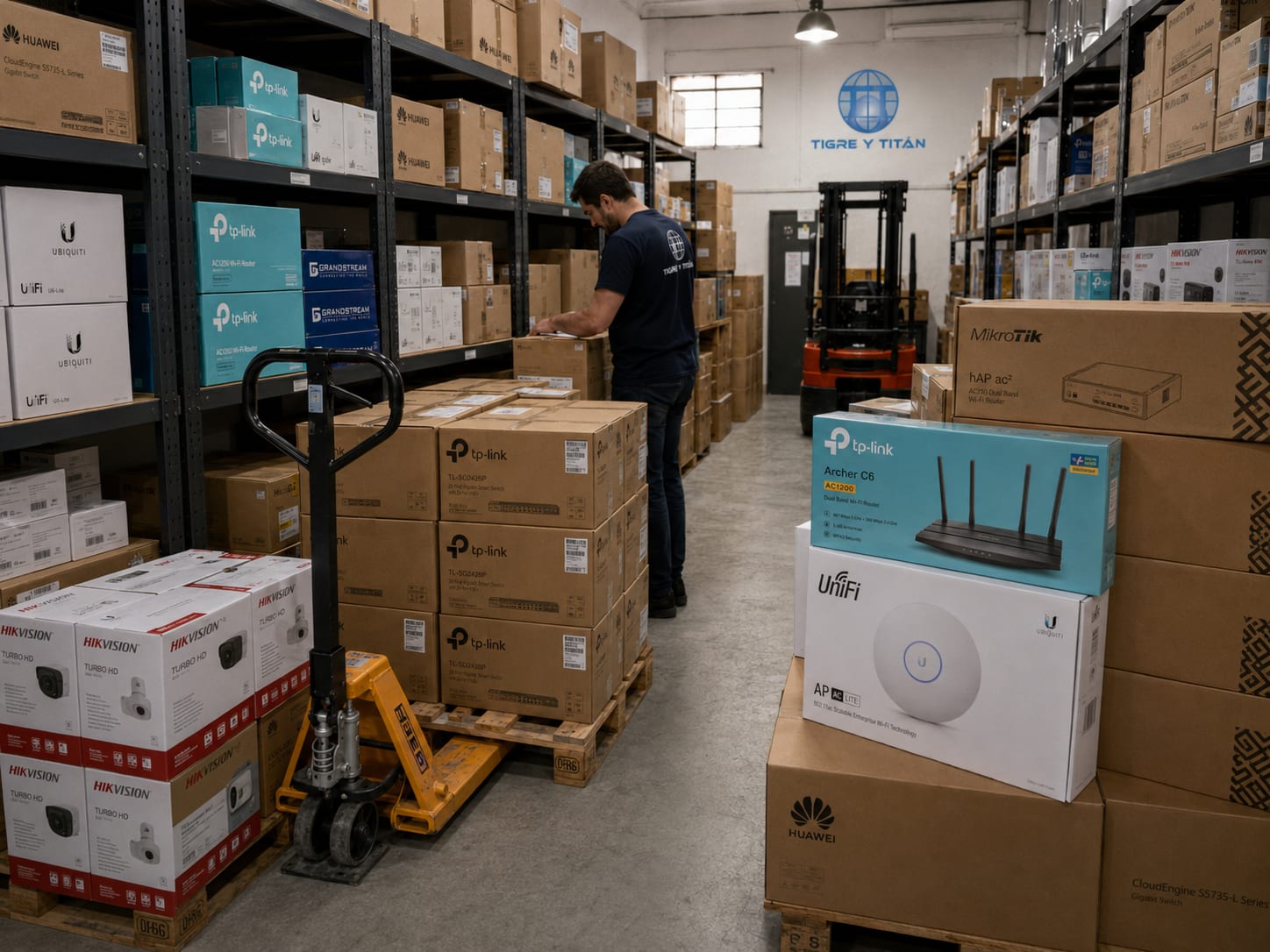 Depósito de Tigre y Titán en La Tablada: estanterías con stock de Ubiquiti, TP-Link, Dahua, MikroTik, Hikvision y más